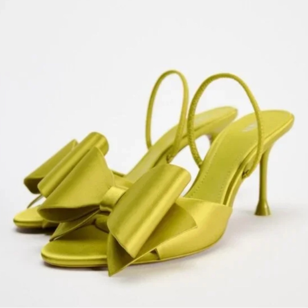 NWT Zara Satin Effect Bow High Heels Sandal Lime Green